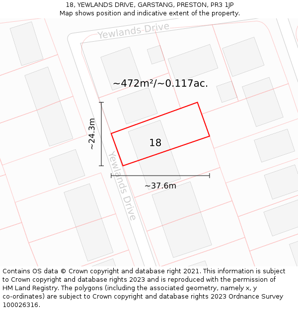 18, YEWLANDS DRIVE, GARSTANG, PRESTON, PR3 1JP: Plot and title map