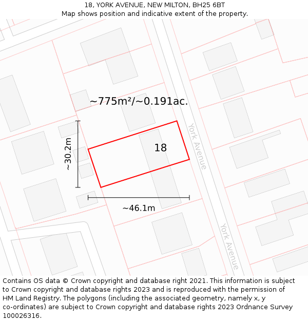 18, YORK AVENUE, NEW MILTON, BH25 6BT: Plot and title map