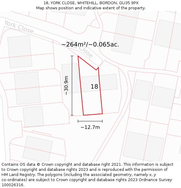 18, YORK CLOSE, WHITEHILL, BORDON, GU35 9PX: Plot and title map