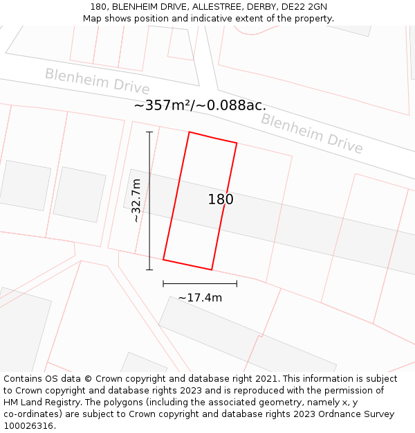 180, BLENHEIM DRIVE, ALLESTREE, DERBY, DE22 2GN: Plot and title map
