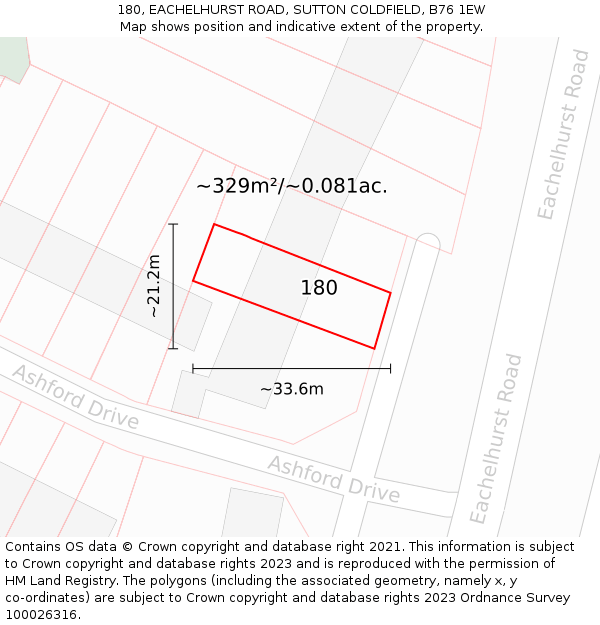180, EACHELHURST ROAD, SUTTON COLDFIELD, B76 1EW: Plot and title map