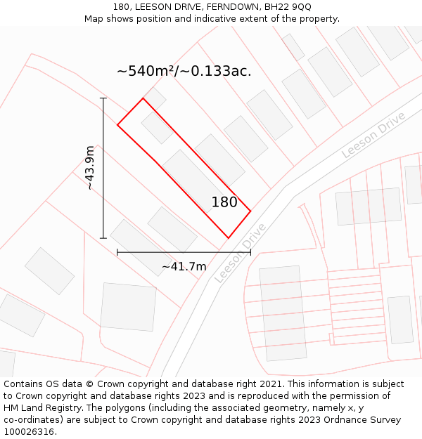 180, LEESON DRIVE, FERNDOWN, BH22 9QQ: Plot and title map