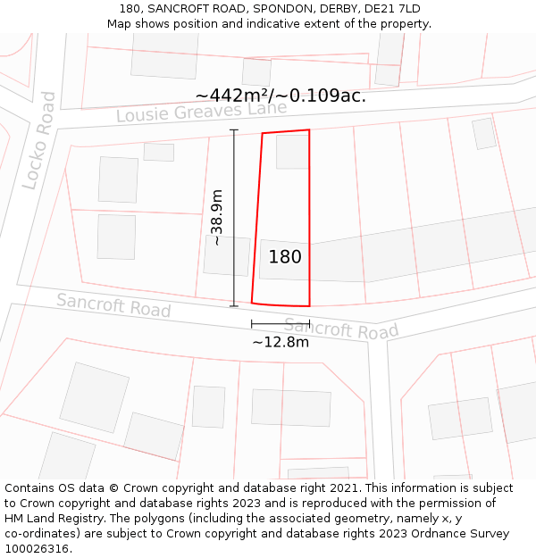 180, SANCROFT ROAD, SPONDON, DERBY, DE21 7LD: Plot and title map