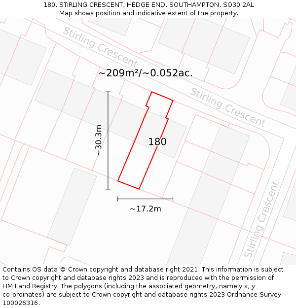 180, STIRLING CRESCENT, HEDGE END, SOUTHAMPTON, SO30 2AL: Plot and title map