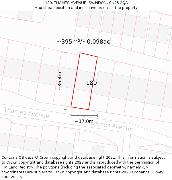180, THAMES AVENUE, SWINDON, SN25 3QA: Plot and title map