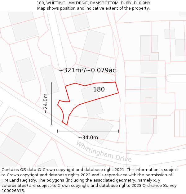 180, WHITTINGHAM DRIVE, RAMSBOTTOM, BURY, BL0 9NY: Plot and title map