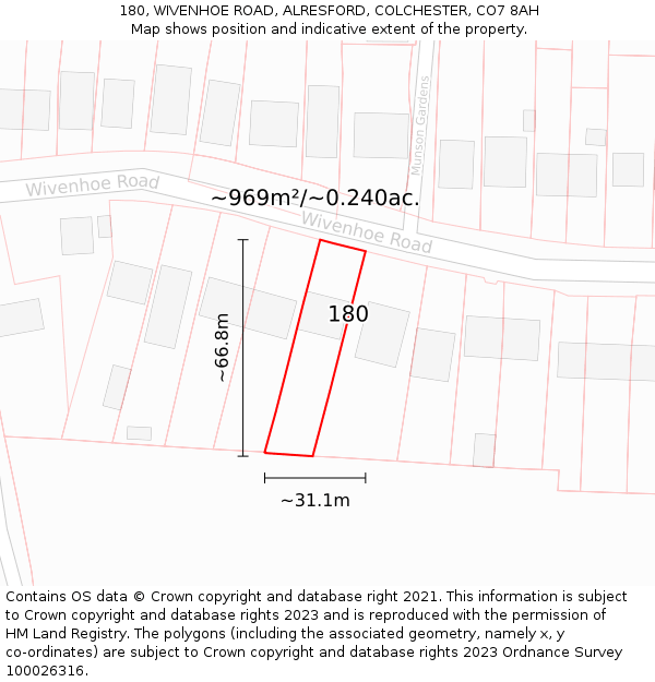 180, WIVENHOE ROAD, ALRESFORD, COLCHESTER, CO7 8AH: Plot and title map