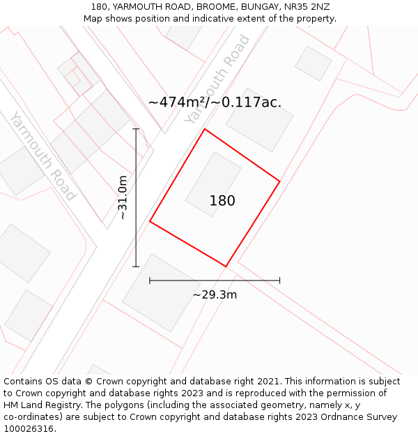 180, YARMOUTH ROAD, BROOME, BUNGAY, NR35 2NZ: Plot and title map