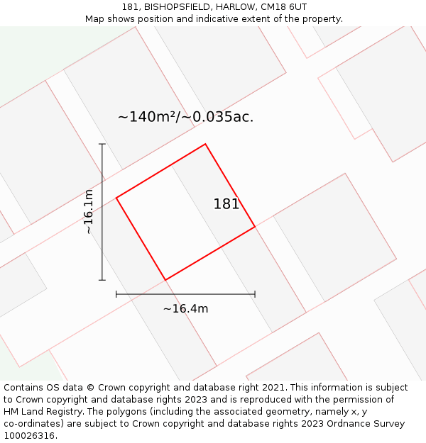 181, BISHOPSFIELD, HARLOW, CM18 6UT: Plot and title map