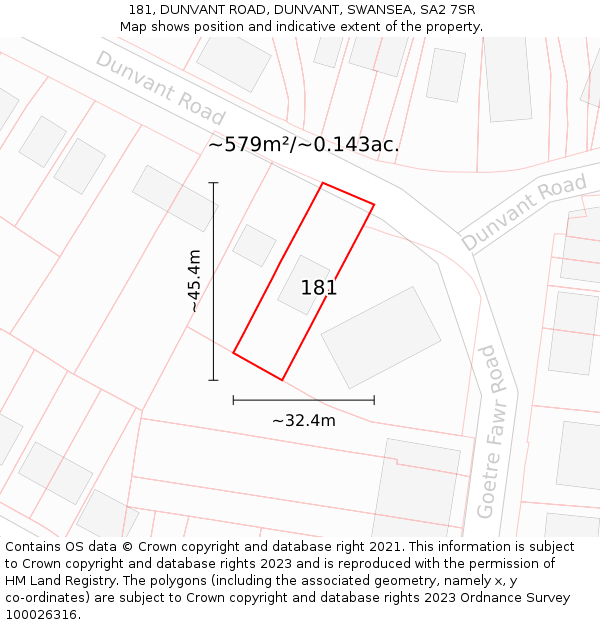 181, DUNVANT ROAD, DUNVANT, SWANSEA, SA2 7SR: Plot and title map
