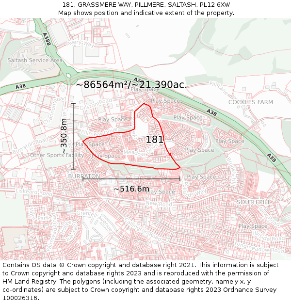 181, GRASSMERE WAY, PILLMERE, SALTASH, PL12 6XW: Plot and title map