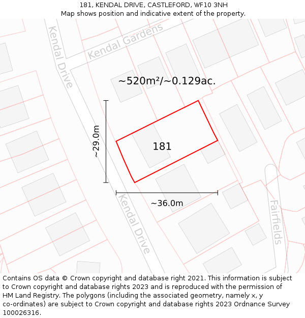 181, KENDAL DRIVE, CASTLEFORD, WF10 3NH: Plot and title map