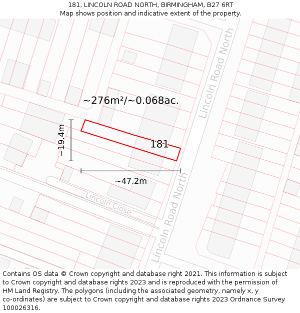 181, LINCOLN ROAD NORTH, BIRMINGHAM, B27 6RT: Plot and title map
