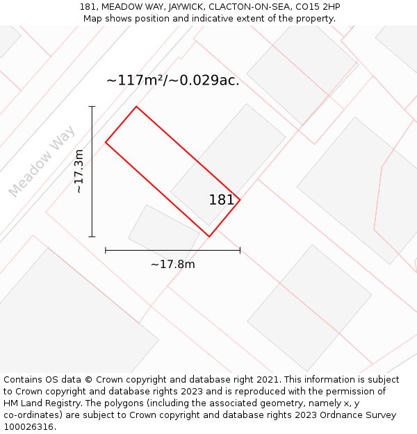 181, MEADOW WAY, JAYWICK, CLACTON-ON-SEA, CO15 2HP: Plot and title map