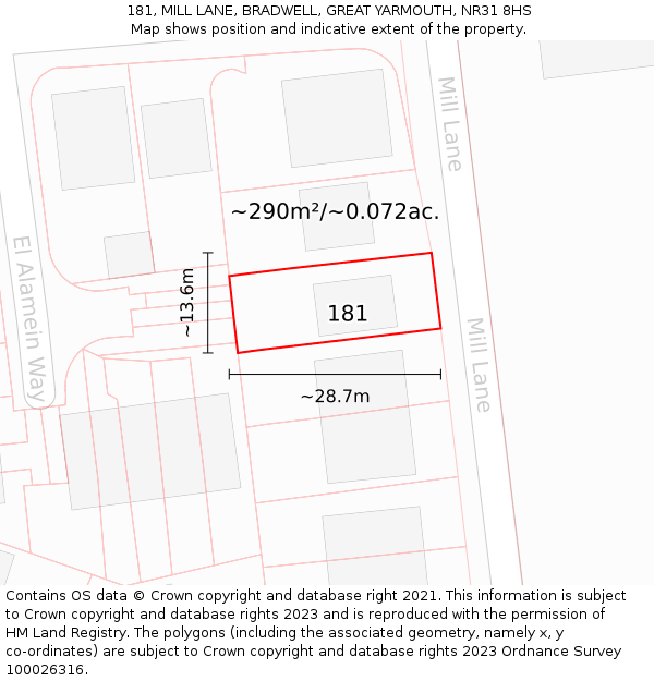 181, MILL LANE, BRADWELL, GREAT YARMOUTH, NR31 8HS: Plot and title map