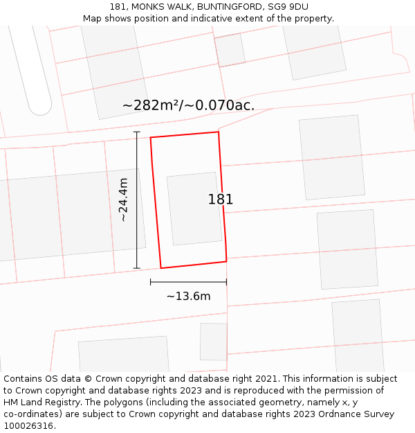 181, MONKS WALK, BUNTINGFORD, SG9 9DU: Plot and title map