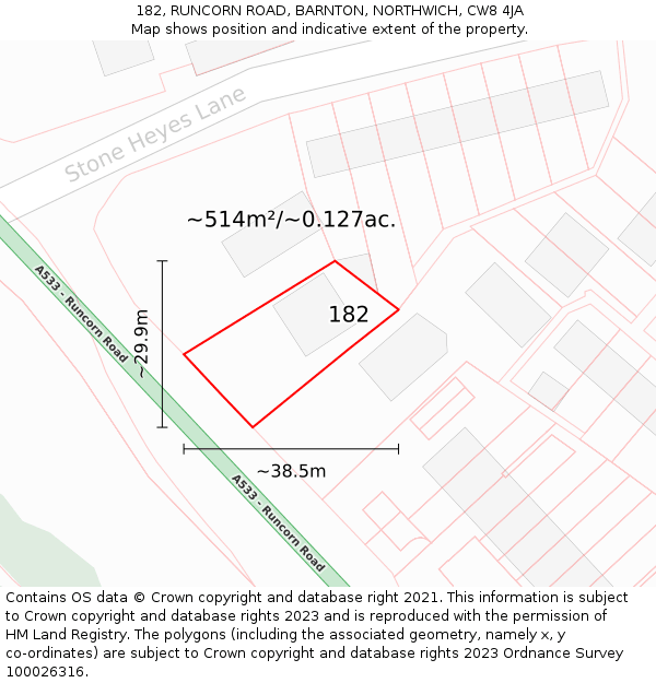 182, RUNCORN ROAD, BARNTON, NORTHWICH, CW8 4JA: Plot and title map