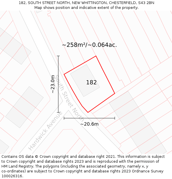 182, SOUTH STREET NORTH, NEW WHITTINGTON, CHESTERFIELD, S43 2BN: Plot and title map