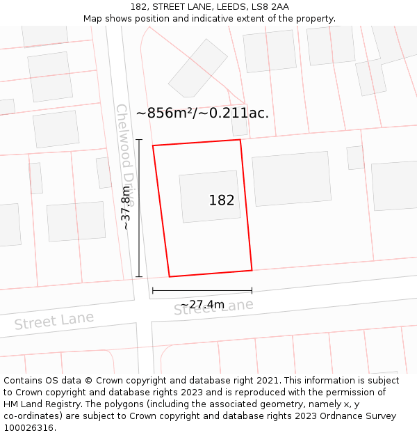 182, STREET LANE, LEEDS, LS8 2AA: Plot and title map