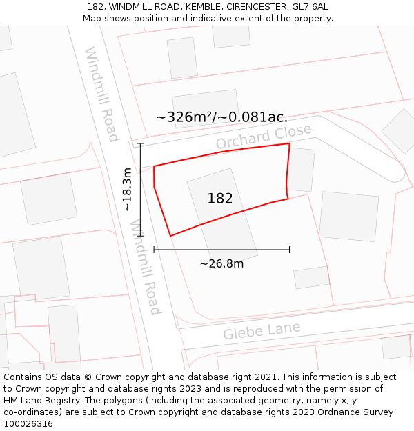 182, WINDMILL ROAD, KEMBLE, CIRENCESTER, GL7 6AL: Plot and title map