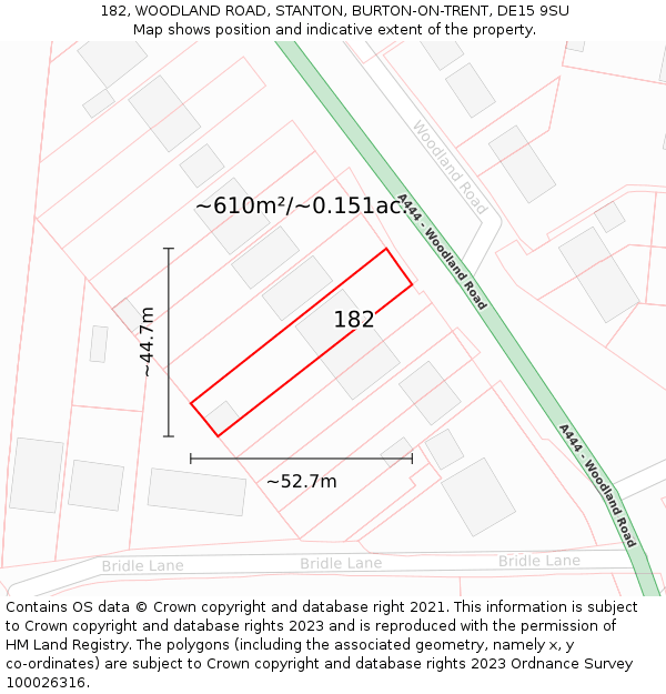 182, WOODLAND ROAD, STANTON, BURTON-ON-TRENT, DE15 9SU: Plot and title map