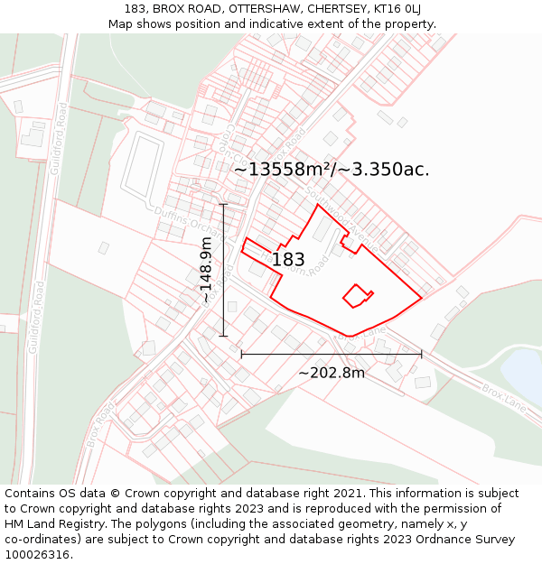 183, BROX ROAD, OTTERSHAW, CHERTSEY, KT16 0LJ: Plot and title map