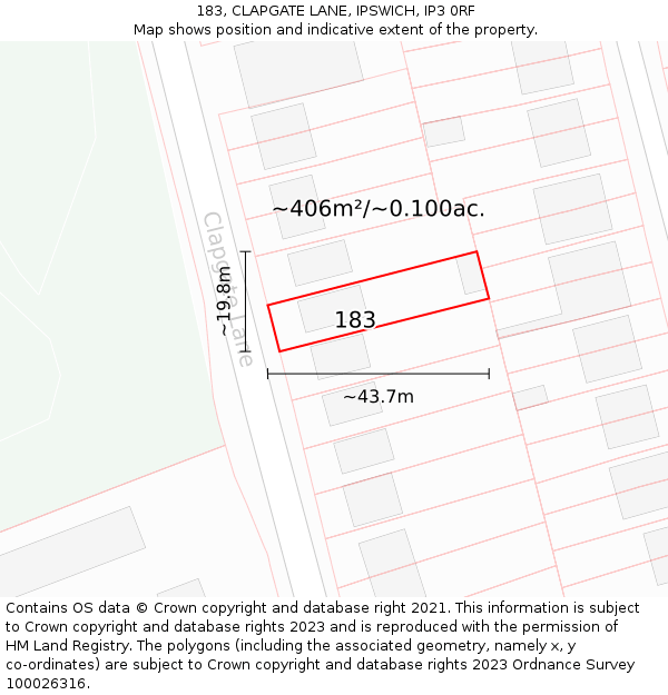 183, CLAPGATE LANE, IPSWICH, IP3 0RF: Plot and title map