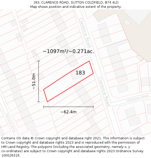 183, CLARENCE ROAD, SUTTON COLDFIELD, B74 4LD: Plot and title map