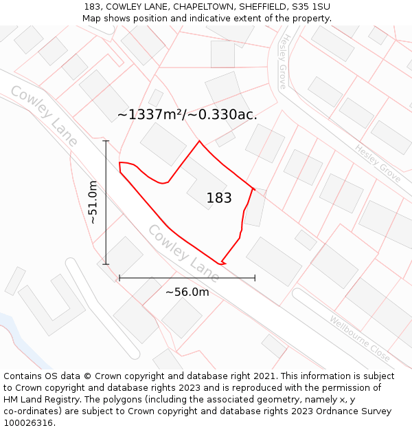 183, COWLEY LANE, CHAPELTOWN, SHEFFIELD, S35 1SU: Plot and title map
