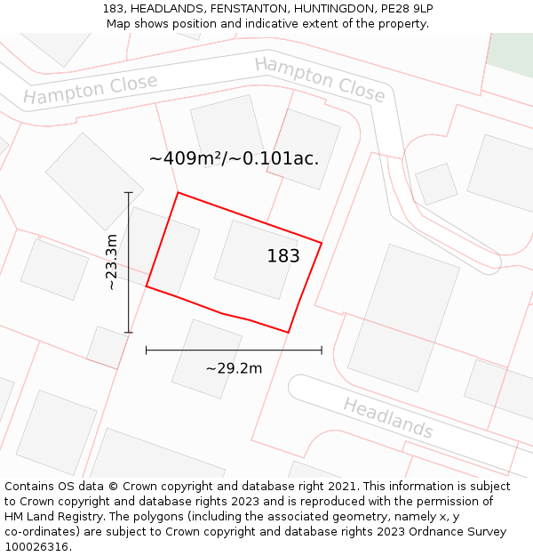 183, HEADLANDS, FENSTANTON, HUNTINGDON, PE28 9LP: Plot and title map