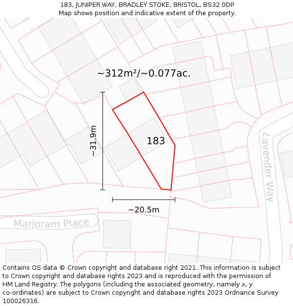 183, JUNIPER WAY, BRADLEY STOKE, BRISTOL, BS32 0DP: Plot and title map