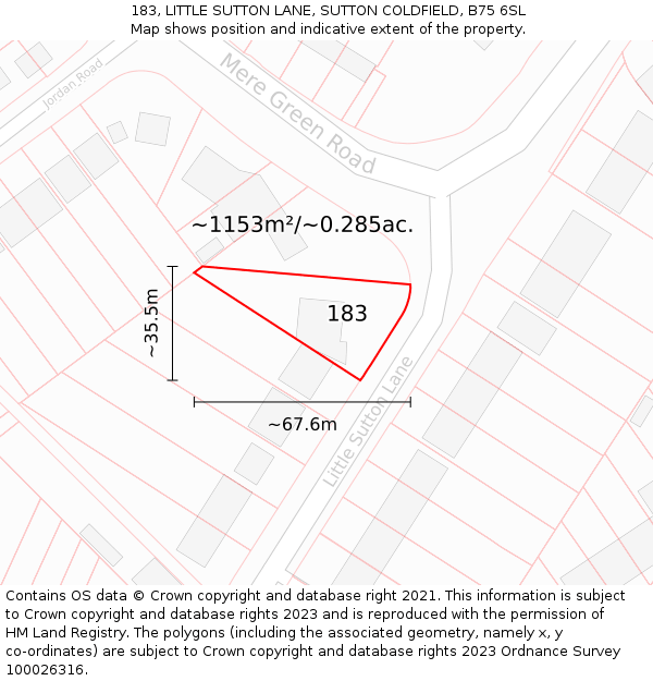183, LITTLE SUTTON LANE, SUTTON COLDFIELD, B75 6SL: Plot and title map