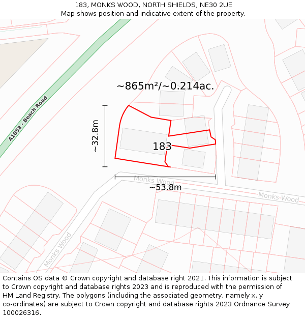 183, MONKS WOOD, NORTH SHIELDS, NE30 2UE: Plot and title map