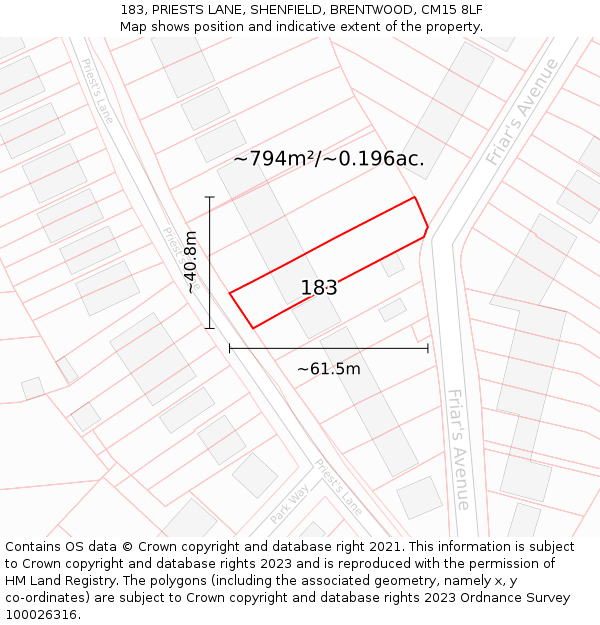 183, PRIESTS LANE, SHENFIELD, BRENTWOOD, CM15 8LF: Plot and title map