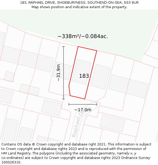 183, RAPHAEL DRIVE, SHOEBURYNESS, SOUTHEND-ON-SEA, SS3 9UR: Plot and title map