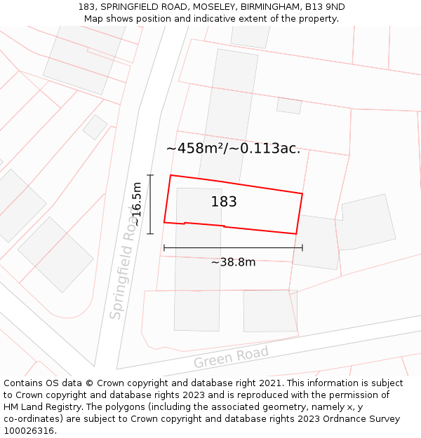 183, SPRINGFIELD ROAD, MOSELEY, BIRMINGHAM, B13 9ND: Plot and title map