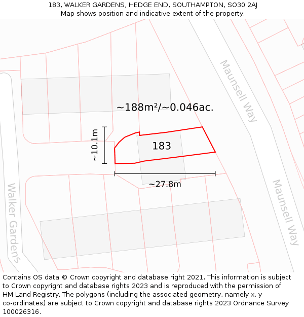 183, WALKER GARDENS, HEDGE END, SOUTHAMPTON, SO30 2AJ: Plot and title map