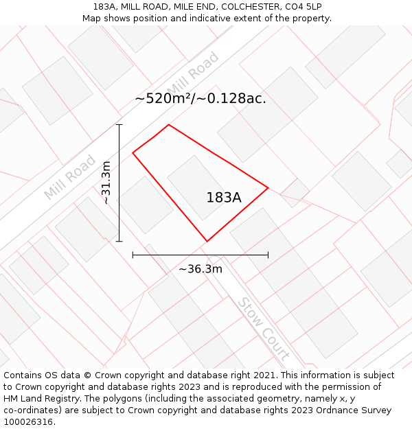 183A, MILL ROAD, MILE END, COLCHESTER, CO4 5LP: Plot and title map