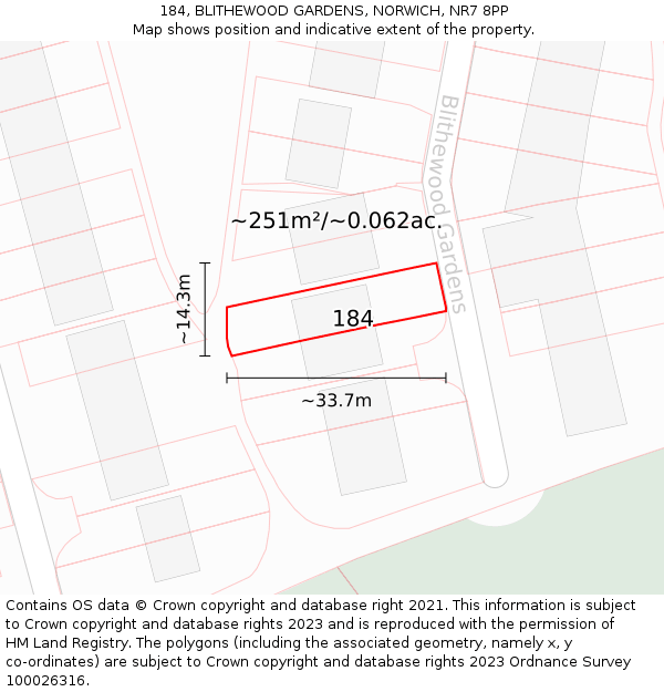 184, BLITHEWOOD GARDENS, NORWICH, NR7 8PP: Plot and title map