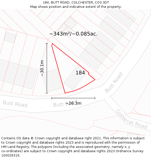 184, BUTT ROAD, COLCHESTER, CO3 3DT: Plot and title map