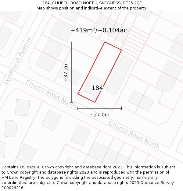 184, CHURCH ROAD NORTH, SKEGNESS, PE25 2QF: Plot and title map