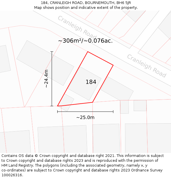 184, CRANLEIGH ROAD, BOURNEMOUTH, BH6 5JR: Plot and title map