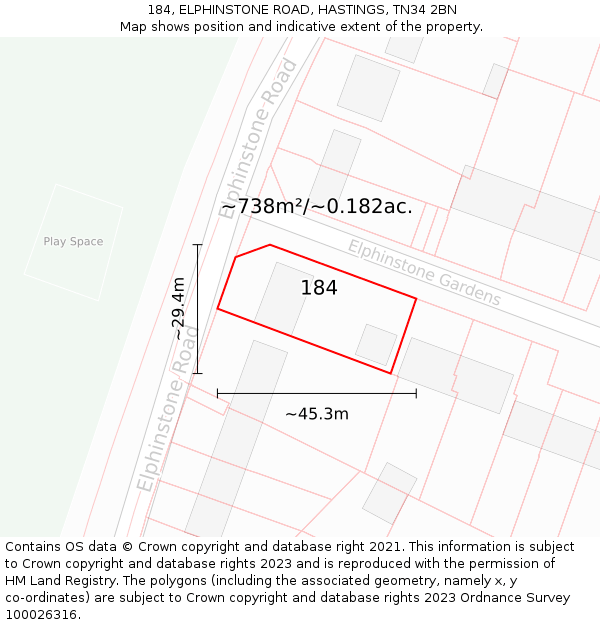 184, ELPHINSTONE ROAD, HASTINGS, TN34 2BN: Plot and title map