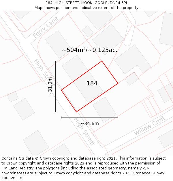 184, HIGH STREET, HOOK, GOOLE, DN14 5PL: Plot and title map