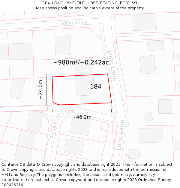 184, LONG LANE, TILEHURST, READING, RG31 6YL: Plot and title map
