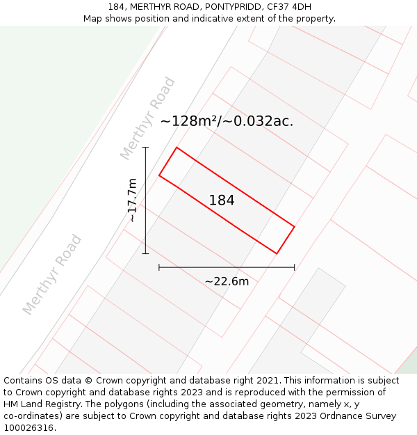 184, MERTHYR ROAD, PONTYPRIDD, CF37 4DH: Plot and title map