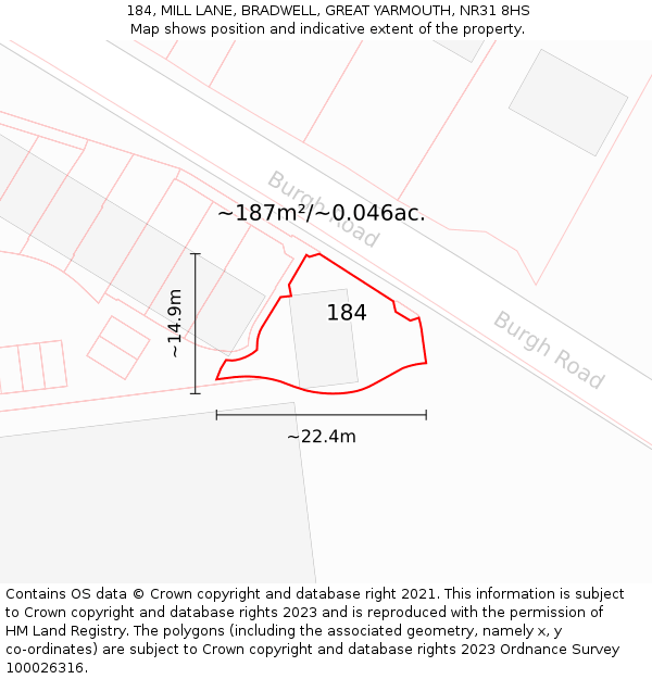 184, MILL LANE, BRADWELL, GREAT YARMOUTH, NR31 8HS: Plot and title map