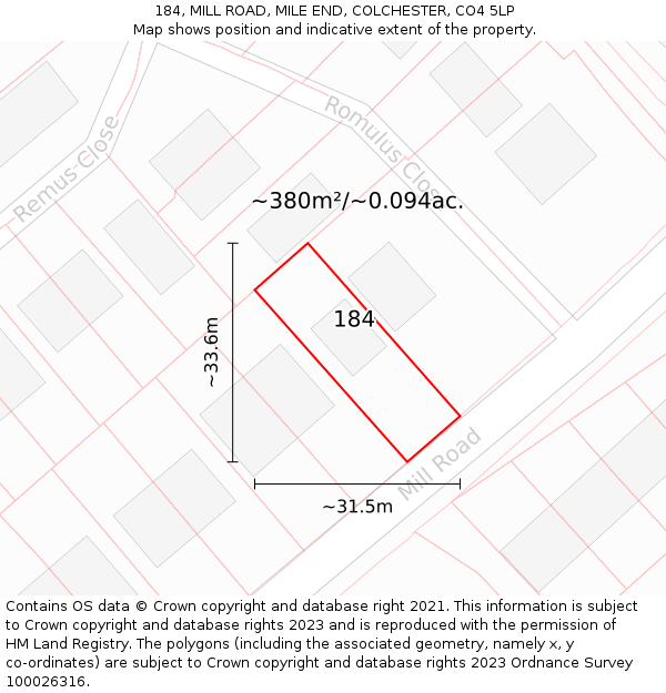 184, MILL ROAD, MILE END, COLCHESTER, CO4 5LP: Plot and title map