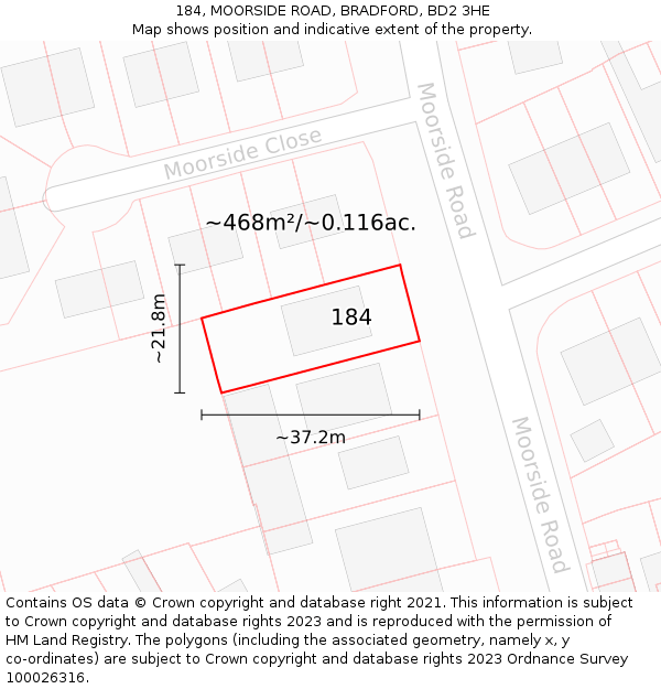 184, MOORSIDE ROAD, BRADFORD, BD2 3HE: Plot and title map