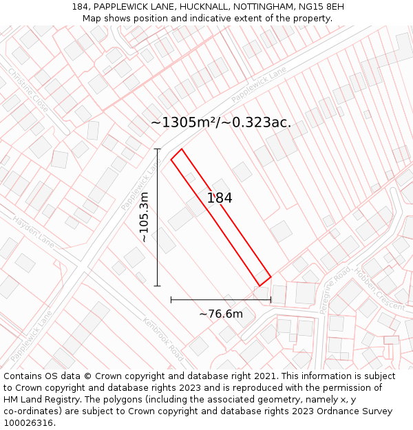 184, PAPPLEWICK LANE, HUCKNALL, NOTTINGHAM, NG15 8EH: Plot and title map